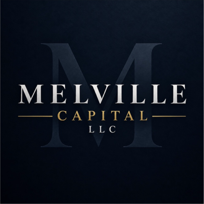 Melville Capital LLC official logo: silver-white Melville and LLC, gold Capital, and a subtle M on navy